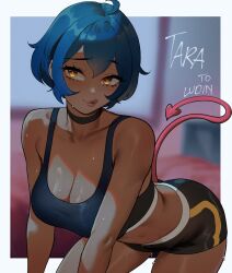Rule 34 | 1girl, ahoge, bare shoulders, black sports bra, blue hair, blush, borrowed character, breasts, cleavage, collarbone, commentary, dark-skinned female, dark skin, demon girl, english commentary, freckles, gift art, highres, large breasts, looking at viewer, nyantcha, open mouth, original, short hair, shorts, smile, solo, sports bra, sportswear, sweat, tail, tara (ludinsketches), tomboy, yellow eyes