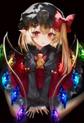 Rule 34 | 1girl, ascot, black background, blonde hair, blush, bow, crystal, dress, flandre scarlet, hair between eyes, hat, hat bow, long sleeves, looking at viewer, mob cap, parted lips, pointy ears, puffy sleeves, red bow, red eyes, red skirt, sakizaki saki-p, short hair, side ponytail, simple background, sitting, skirt, solo, tongue, tongue out, touhou, wings