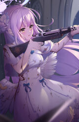 Rule 34 | 1girl, absurdres, angel wings, blood, blood on clothes, blood on face, blue archive, breasts, brown eyes, capelet, dress, flower, gun, hair bun, hair flower, hair ornament, halo, highres, holding, holding gun, holding weapon, injury, light purple hair, long hair, looking away, low wings, medium breasts, mika (blue archive), pizza (pizzania company), rifle, single side bun, solo, torn clothes, torn dress, weapon, white dress, white wings, wings