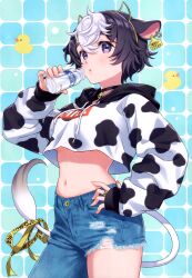 Rule 34 | 1girl, absurdres, animal ears, animal print, asymmetrical clothes, bell, black hair, blush, bottle, breasts, buttons, choker, cow print, cow tail, denim, earrings, fake horns, fingernails, hair ornament, hand on own hip, highres, holding, holding bottle, hood, hood down, horns, jeans, jewelry, lips, long sleeves, looking at viewer, medium breasts, midriff, milk, milk bottle, morikura en, navel, neck bell, original, pants, purple eyes, ring, scan, short hair, simple background, stomach, tail, torn clothes, torn jeans, torn pants, white hair