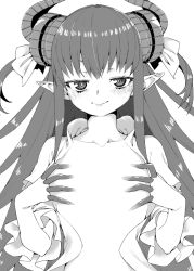 Rule 34 | 1girl, akitsuki itsuki, blush, closed mouth, elizabeth bathory (fate), fate/grand order, fate (series), flat chest, greyscale, horns, long hair, long sleeves, looking at viewer, monochrome, open clothes, open shirt, pointy ears, simple background, smile, smug, solo, two side up, upper body, white background