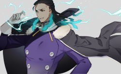 Rule 34 | 1boy, black hair, blue eyes, coat, electricity, fate/grand order, fate (series), gloves, grey background, highres, long hair, multicolored hair, nikola tesla (fate), open mouth
