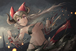 Rule 34 | 1girl, aliza (granblue fantasy), blood, blood on hands, breasts, convenient censoring, dmt (auburn), draph, fighting stance, granblue fantasy, hair ribbon, horns, large breasts, navel, pointy ears, ponytail, rain, red eyes, ribbon, solo, torn clothes, vambraces