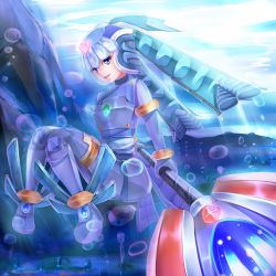 Rule 34 | 1girl, :d, air bubble, bad id, bad pixiv id, blue eyes, blue thighhighs, blunt bangs, brooch, bubble, capcom, diving, full body, gem, gloves, helmet, highres, jewelry, koruto21, lance, fairy leviathan (mega man), light rays, looking at viewer, mega man (series), mega man zero (series), open mouth, outdoors, parted lips, polearm, smile, sunlight, thighhighs, underwater, water, weapon