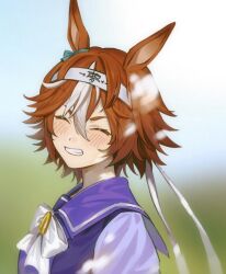 Rule 34 | 1girl, ^ ^, animal ears, bamboo memory (umamusume), blue shirt, blurry, blurry background, blush, bow, brown hair, closed eyes, commentary, depth of field, facing viewer, grin, hachimaki, hair between eyes, headband, horse ears, multicolored hair, qing (sankakuosushi), school uniform, shirt, smile, solo, streaked hair, symbol-only commentary, thick eyebrows, tracen school uniform, umamusume, upper body, white bow, white hair, white headband