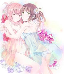 Rule 34 | 2girls, :o, ass, babydoll, bare arms, bare legs, bare shoulders, blue babydoll, blue dress, blunt bangs, blush, breasts, brown eyes, brown hair, butt crack, camisole, cleavage, collarbone, dress, floral background, flower, hair flower, hair ornament, hair scrunchie, highres, hug, looking at viewer, medium breasts, midriff, multiple girls, navel, original, panties, parted lips, pink babydoll, pink eyes, pink hair, pink panties, ponytail, scrunchie, see-through, shichouson, short hair, side-tie panties, side ponytail, sidelocks, smile, spaghetti strap, sparkle, stomach, underwear, underwear only, white panties, yuri