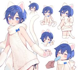 Rule 34 | 2boys, ?, animal ears, animal hands, black panties, blue eyes, blue hair, blush stickers, cat boy, cat ears, cat tail, cowboy shot, cropped torso, crossdressing, disembodied hand, fingerless gloves, food, from behind, full body, gloves, hair between eyes, kaito (vocaloid), looking at viewer, male focus, meme attire, mogu (wy5xrt7w), multiple boys, multiple views, open mouth, panties, paw gloves, short hair, side-tie panties, sidelocks, simple background, sitting, sleeveless, sleeveless turtleneck, smile, tail, trap, turtleneck, underwear, virgin killer sweater, vocaloid, white background