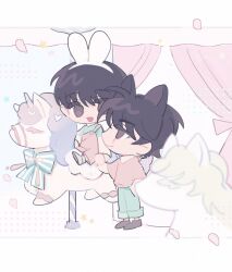 Rule 34 | 2boys, animal ears, black footwear, black hair, bow, brown eyes, carousel, chibi, closed mouth, commentary, curtains, fake animal ears, full body, green bow, green pants, green shirt, hairband, heart, highres, holding hands, kim dokja, long sleeves, looking at another, male focus, multiple boys, omniscient reader&#039;s viewpoint, open mouth, overalls, pants, pink overalls, pink shirt, rabbit ears, shirt, shoes, short hair, smile, standing, star (symbol), symbol-only commentary, white background, white footwear, ya qaq, yaoi, yoo joonghyuk