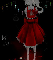 Rule 34 | 1girl, ascot, aymmogh, bad id, bad pixiv id, barefoot, black eyes, black theme, blood, blood on clothes, blood on face, blood splatter, dark, embodiment of scarlet devil, female focus, flandre scarlet, frilled skirt, frills, gradient background, head out of frame, injury, laevatein, signature, skirt, skirt set, solo, standing, touhou, wings