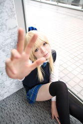 Rule 34 | 1girl, asian, black thighhighs, blonde hair, blue eyes, blue ribbon, blurry, bow, breasts, character request, color contacts, cosplay, depth of field, dress shirt, hair bow, highres, indoors, looking at viewer, miniskirt, namada, necktie, on floor, outstretched arm, photo (medium), plaid, plaid skirt, pleated skirt, ribbon, rug, school uniform, shirt, sitting, skirt, small breasts, solo, sweater vest, thighhighs, white shirt, window, zettai ryouiki