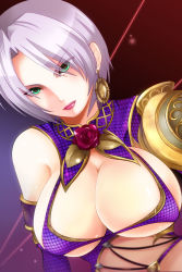 Rule 34 | 1girl, armor, breasts, earrings, elbow gloves, flower, gloves, green eyes, isabella valentine, jewelry, laceups, large breasts, lipstick, makeup, red rose, rose, short hair, shoulder pads, solo, soul calibur, soulcalibur, soulcalibur iv, takamoto akisa, topless, white hair