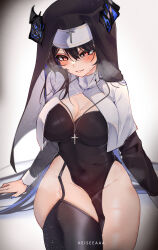 Rule 34 | 1girl, absurdres, alternate costume, asymmetrical horns, black hair, blue hair, blush, breasts, colored inner hair, demon horns, habit, highres, hololive, hololive english, horns, keisea, large breasts, long hair, looking at viewer, messy hair, mole, mole under eye, multicolored hair, nerissa ravencroft, nun, red eyes, solo, sweat, thick thighs, thighs, two-tone hair, uneven horns, very long hair, virtual youtuber