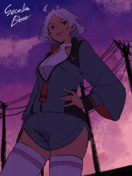 Rule 34 | 1girl, :p, asticassia school uniform, bad id, bad twitter id, closed mouth, dark-skinned female, dark skin, evening, from below, green eyes, grey hair, gundam, gundam suisei no majo, hand on own hip, jacket, looking at viewer, looking down, school uniform, secelia dote, short hair, shorts, smile, smug, solo, standing, tanutotomato, thighhighs, tongue, tongue out, white thighhighs
