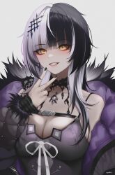 Rule 34 | 1girl, black choker, black hair, black nails, breasts, chest belt, choker, cleavage, coat, fur-trimmed coat, fur-trimmed jacket, fur trim, hair ornament, highres, hololive, hololive english, jacket, lace, lace choker, large breasts, looking at viewer, multicolored hair, ryumikooo, shiori novella, shiori novella (1st costume), smile, solo, split-color hair, two-tone hair, virtual youtuber, white hair
