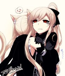 Rule 34 | 2girls, = =, ahoge, anger vein, animal ears, bare shoulders, black bow, black gloves, black scarf, black sclera, blonde hair, blush, bow, cat ears, cat tail, colored sclera, commentary request, dated, gloves, hair bow, headphones, hug, konshin, long sleeves, multiple girls, original, pink background, ponytail, red eyes, scarf, signature, simple background, smile, tail, twintails