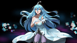 Rule 34 | 1girl, ahoge, android, bare shoulders, blue dress, blue eyes, blue hair, boots, breasts, cleavage, dress, earrings, elbow sleeve, gloves, hair between eyes, hand on own chest, highres, jewelry, knee boots, large breasts, long hair, music, open mouth, purple legwear, singing, single earring, solo, standing, strapless, strapless dress, sunkilow, vivy, vivy: fluorite eye&#039;s song, white gloves