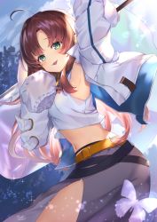 Rule 34 | 1girl, ahoge, arknights, arm up, armpits, backlighting, belt, brown hair, bug, butterfly, crop top, crop top overhang, green eyes, highres, bug, jacket, long hair, long skirt, long sleeves, looking at viewer, midriff, myrtle (arknights), navel, omelet tomato, open clothes, open jacket, open mouth, outdoors, shirt, side slit, sidelocks, skirt, sleeveless, sleeveless shirt, sleeves past fingers, sleeves past wrists, smile, solo, stomach, sunlight, white jacket, white shirt
