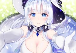 Rule 34 | 1girl, azur lane, bare shoulders, blue eyes, choker, collarbone, commentary request, dress, elbow gloves, from above, gloves, hair tubes, illustrious (azur lane), long hair, looking at viewer, looking up, mole, mole under eye, off-shoulder dress, off shoulder, reaching, reaching towards viewer, simple background, smile, solo, white dress, white gloves, white hair, yuna (yukiyuna)