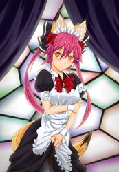 Rule 34 | 10s, 1girl, alternate costume, animal ears, apron, black pantyhose, blush, bow, braid, clothes lift, curtains, enmaided, fate/extra, fate (series), fox ears, fox tail, hair bow, hair ribbon, highres, holding own arm, long hair, maid, maid apron, midnight (banyex), mosaic background, panties, panties under pantyhose, pantyhose, pink hair, ribbon, skirt, skirt lift, smile, solo, tail, tamamo no mae (fate/extra), grid background, twintails, underwear, upskirt, very long hair, window, wrist cuffs, yellow eyes
