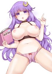 Rule 34 | 1girl, bad id, bad pixiv id, belly, black bra, blush, book, bow, bow panties, bra, breasts, breasts out, collar, collarbone, crescent, crescent hair ornament, groin, hair ornament, highres, holding, holding book, index finger raised, large breasts, long hair, looking at viewer, navel, nipples, panties, patchouli knowledge, plump, purple eyes, purple hair, purple panties, pussy juice, red bow, risui (suzu rks), simple background, solo, spread legs, tongue, tongue out, touhou, underwear, white background