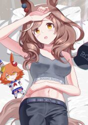 Rule 34 | 1girl, absurdres, alternate costume, arm up, bed, belt, blush, breasts, brown hair, character doll, commentary request, hair ornament, hairclip, hat, unworn hat, unworn headwear, highres, horse girl, looking at viewer, matikane tannhauser (boc&#039;z) (umamusume), matikane tannhauser (umamusume), matikanefukukitaru (umamusume), medium breasts, medium hair, midriff, navel, open mouth, pillow, shorts, solo, taki rentaro, umamusume, yellow eyes