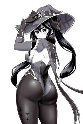 Rule 34 | 1girl, arm up, ass, black pantyhose, blush, bow, breasts, cape, earrings, from behind, fur trim, genshin impact, gloves, greyscale, hair bow, hair ornament, hand on headwear, hat, highres, huge ass, jewelry, kanno takanori, large breasts, leotard, long hair, looking back, mona (genshin impact), monochrome, pantyhose, sideboob, simple background, solo, standing, twintails, white background, witch hat