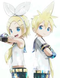 Rule 34 | 1boy, 1girl, aqua eyes, blonde hair, brother and sister, crossed arms, detached sleeves, hair ornament, hair ribbon, hairclip, highres, kagamine len, kagamine rin, necktie, open mouth, otoi rekomaru, ribbon, short hair, shorts, siblings, smile, twins, vocaloid, yellow necktie