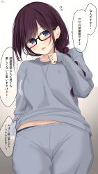 Rule 34 | 1girl, black-framed eyewear, blue eyes, blush, braid, brown hair, commentary request, flying sweatdrops, glasses, highres, looking at viewer, loungewear, maid-chan (ramchi), midriff peek, open mouth, original, pants, ramchi, side braid, simple background, sleeves past wrists, solo, sweatpants