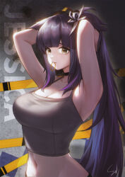 Rule 34 | 1girl, animal ears, arknights, armpits, arms up, bare shoulders, breasts, camisole, cat ears, cat girl, cleavage, commentary request, crop top, diestren, grey eyes, hair tie in mouth, jessica (arknights), large breasts, long hair, looking at viewer, midriff, mouth hold, navel, purple hair, solo, spaghetti strap, stomach, upper body, very long hair