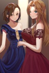 Rule 34 | 2girls, blue dress, blush, breasts, brown hair, champagne flute, collarbone, cup, dress, drinking glass, highres, idolmaster, idolmaster cinderella girls, kaiso (kaisooekaki), lace, lace-trimmed dress, lace trim, large breasts, long hair, looking at viewer, matsumoto sarina, mizuki seira, multiple girls, off-shoulder dress, off shoulder, parted bangs, red dress, short hair, single bare shoulder, smile, straight hair, very long hair