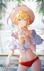Rule 34 | 1girl, artist name, bikini, bikini bottom only, blonde hair, blue eyes, blurry, blurry background, bound, bracelet, braid, braided ponytail, collarbone, contrapposto, cowboy shot, day, hair over shoulder, hat, holding, jewelry, la campanella, long hair, looking at viewer, midriff, navel, original, outdoors, ponytail, red bikini, single braid, smile, solo, standing, stomach, sun hat, swimsuit, tied up, white hat