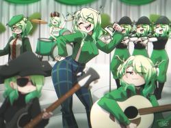Rule 34 | 6+girls, absurdres, arched back, bass guitar, beret, bicorne, blurry, blurry background, blurry foreground, braid, braided bangs, branch, ceres fauna, clone, closed eyes, drum, drumming, drumsticks, flat cap, formal, glasses, green hair, guitar, half-closed eyes, hat, high-waist pants, highres, hololive, hololive english, instrument, microphone, multiple girls, music, necktie, one eye closed, open mouth, outkast, pants, parody, plaid, plaid pants, plant on head, playing instrument, polaroid, reaching, reaching towards viewer, ryou sakai, shirt, singing, single braid, smile, stage curtains, suit, sunglasses, suspenders, tank top, virtual youtuber