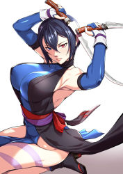 Rule 34 | 1girl, armpits, arms up, bare shoulders, black hair, black socks, blue eyes, blue gloves, breasts, cleavage, dual wielding, elbow gloves, gloves, heterochromia, holding, holding sword, holding weapon, japanese clothes, ninja, obi, partially fingerless gloves, red eyes, samurai spirits, sandals, sash, shibuki oroshi, shiki (samurai spirits), short hair, short sword, socks, solo, sword, tantou, tattoo, weapon, white background, zouri