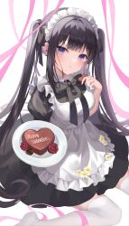 Rule 34 | 1girl, absurdres, apron, black bow, black bowtie, black dress, black hair, blush, bow, bowtie, breasts, candy, chocolate, chocolate heart, choppy bangs, commentary, dress, food, frilled apron, frills, happy valentine, heart, highres, holding, holding plate, juliet sleeves, long hair, long sleeves, looking at viewer, maid, maid apron, maid headdress, medium breasts, original, parted lips, plate, puffy sleeves, purple eyes, ri yonn, sidelocks, sitting, solo, symbol-only commentary, thighhighs, twintails, valentine, very long hair, wariza, white apron, white thighhighs