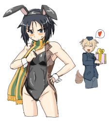 Rule 34 | 10s, 2girls, = =, animal ears, bandaid, bandaid on face, bare shoulders, black eyes, black hair, blonde hair, blush, brave witches, breasts, cleavage, closed eyes, covered navel, cropped jacket, cropped legs, dog ears, dog tail, fake animal ears, hand on own hip, heart, kanno naoe, kunashiri (etorofu), leotard, military, military uniform, multiple girls, pantyhose, playboy bunny, rabbit ears, scarf, short hair, simple background, sketch, solo focus, spoken heart, strike witches, sweat, tail, tail wagging, uniform, waltrud krupinski, white background, world witches series, wrist cuffs