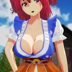 Rule 34 | 1girl, 3d, animated, breasts, cleavage, downblouse, hanging breasts, jiggle, large breasts, leaning forward, looking at viewer, mofumoko5, no bra, onozuka komachi, red eyes, red hair, smile, solo, thighs, touhou, video