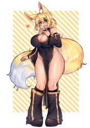 Rule 34 | 1girl, absurdres, alice (flanaki), animal ear fluff, animal ears, bare shoulders, blonde hair, blue eyes, blush, boots, breasts, china dress, chinese clothes, cleavage, cleavage cutout, clothing cutout, commission, detached sleeves, dress, fox ears, full body, heart, highres, large breasts, long hair, looking at viewer, multicolored hair, no panties, original, osiimi, pelvic curtain, smile, solo, spoken heart, standing, thick thighs, thighs, very long hair, white hair