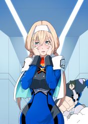Rule 34 | 1boy, 1girl, ao-yume, blonde hair, blue jacket, blush, capelet, dust, glasses, green hair, hands on own face, headband, highres, jacket, long hair, looking to the side, low twintails, meme, military, military uniform, mitsuba greyvalley, reynold hardin, running, running ganger (meme), super robot wars, super robot wars 30, twintails, uniform, white capelet, white headband, wide hips