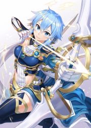 Rule 34 | 1girl, arm up, armor, arrow (projectile), asada shino, asymmetrical clothes, black footwear, blue armor, blue eyes, blue hair, blue skirt, blue thighhighs, blush, boots, bow (weapon), breastplate, breasts, closed mouth, commentary request, elbow gloves, faulds, foreshortening, gloves, gradient background, grey background, hair between eyes, hair ornament, highres, holding, holding bow (weapon), holding weapon, leg up, looking at viewer, medium breasts, miniskirt, npcpepper, pauldrons, short hair with long locks, shoulder armor, sidelocks, sinon (solus), skirt, smile, solo, sword art online, sword art online: alicization, sword art online: alicization - war of underworld, thigh boots, thighhighs, thighs, weapon, white gloves