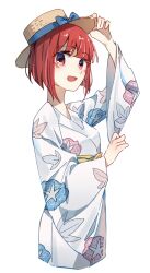 Rule 34 | 1girl, adjusting clothes, adjusting headwear, arima kana, blue bow, blush, bob cut, bow, breasts, commentary, cropped legs, hat, hat bow, inverted bob, japanese clothes, kimono, leaf print, long sleeves, looking at viewer, medium hair, obi, open mouth, oshi no ko, red eyes, red hair, sash, shuoruoranxing, simple background, small breasts, solo, sun hat, white background, white kimono, wings, yukata