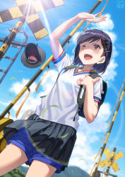 Rule 34 | 1girl, ;d, arm up, artist logo, artist name, backpack, bag, black hair, black skirt, blue shorts, blue sky, blush, brown eyes, cloud, cowboy shot, day, dutch angle, from below, gym shorts, gym uniform, hair ornament, hairclip, highres, lens flare, looking up, miniskirt, one eye closed, open mouth, original, outdoors, pairan, pleated skirt, railroad crossing, shading eyes, shirt, short hair, short shorts, short sleeves, shorts, skirt, sky, smile, solo, sunlight, swept bangs, teeth, upper teeth only, white shirt