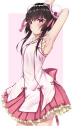 Rule 34 | 1girl, alternate hairstyle, armpits, arms behind head, arms up, back bow, black hair, blouse, blunt bangs, bow, chinese clothes, closed mouth, commentary, cowboy shot, double bun, frilled shirt, frilled skirt, frills, hair bun, highres, light blush, light frown, looking at viewer, miniskirt, niyun (n niyu), outside border, pink background, pink bow, pink eyes, pink shirt, pink skirt, pleated skirt, senki zesshou symphogear, shirt, short hair with long locks, sidelocks, skirt, sleeveless, sleeveless shirt, solo, standing, tsukuyomi shirabe
