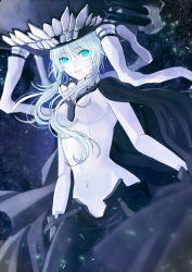 Rule 34 | 10s, 1girl, aqua eyes, bodysuit, cape, covered navel, glowing, glowing eyes, gradient background, hat, kanameyura, kantai collection, silver hair, solo, wo-class aircraft carrier