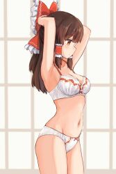 Rule 34 | 1girl, absurdres, armpits, backlighting, blush, bow, bra, breasts, brown hair, cleavage, expressionless, forneus 0, from side, hair bow, hair tubes, hakurei reimu, highres, long hair, looking ahead, medium breasts, navel, panties, profile, red bow, touhou, underwear, underwear only, white bra, white panties, window
