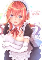 Rule 34 | 1girl, apron, blue eyes, breasts, chita (ketchup), cleavage, cleavage cutout, clothing cutout, cowboy shot, crossed arms, dress, elbow gloves, gloves, gradient hair, hair between eyes, highres, large breasts, leaning forward, long hair, looking at viewer, maid, maid apron, maid headdress, multicolored hair, neck ribbon, open mouth, orange hair, original, ribbon, short sleeves, signature, simple background, smile, solo, teeth, tongue, triangle, twitter username, white background, white gloves, wing collar