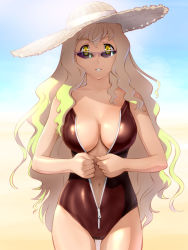 Rule 34 | 1girl, blonde hair, breasts, cleavage, hat, large breasts, long hair, navel, one-piece swimsuit, original, smile, solo, sun hat, sunglasses, swimsuit, ueyama michirou, unzipped, wavy hair, yellow eyes