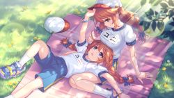 Rule 34 | 2girls, age difference, baseball cap, blue ribbon, blue shorts, bracelet, braid, breast press, breasts, doll joints, gym uniform, hair between eyes, hair ribbon, hat, jewelry, joints, large breasts, long hair, multiple girls, name tag, onee-loli, open mouth, orange hair, outdoors, princess connect!, purple eyes, ribbon, shirt, shorts, simple background, smile, twin braids, white shirt, yuni (princess connect!), yuni (school festival) (princess connect!), yuri
