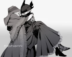 Rule 34 | 1boy, 1girl, bloodborne, bonnet, boots, cagefreepotato, carrying, cloak, coat, doll joints, dress, gloves, greyscale, hat, highres, holding, hug, hunter (bloodborne), joints, long hair, looking at another, mask, monochrome, mouth mask, plain doll, princess carry, shoes, short hair, simple background, tricorne, white background