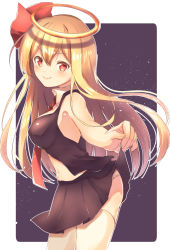 Rule 34 | 1girl, ass, bad id, bad pixiv id, black shirt, black skirt, blonde hair, blush, breasts, clothes lift, ex-rumia, fang, fang out, from side, hair between eyes, hair ribbon, halo, highres, long hair, looking at viewer, medium breasts, navel, nenobi (nenorium), no bra, panties, pantyshot, pink lips, pleated skirt, red eyes, ribbon, rumia, shiny clothes, shiny skin, shirt, skirt, skirt lift, sleeveless, sleeveless shirt, smile, solo, standing, thighhighs, thighs, touhou, underwear, very long hair
