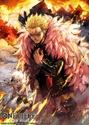 Rule 34 | 1girl, 2boys, adjusting clothes, adjusting necktie, arm up, baby 5, black dress, black suit, bow, clenched teeth, closed eyes, coat, copyright name, crying, donquixote doflamingo, dress, earrings, english text, feather coat, fire, formal, hair bow, holding, holding sword, holding weapon, hugging another&#039;s leg, jewelry, long hair, multiple boys, necktie, nijihayashi, official art, one piece, one piece card game, pink coat, red-tinted eyewear, red necktie, serious, shirt, short hair, suit, sunglasses, sword, teeth, tinted eyewear, trafalgar law, weapon, white-framed eyewear, white headwear, white shirt, yellow bow